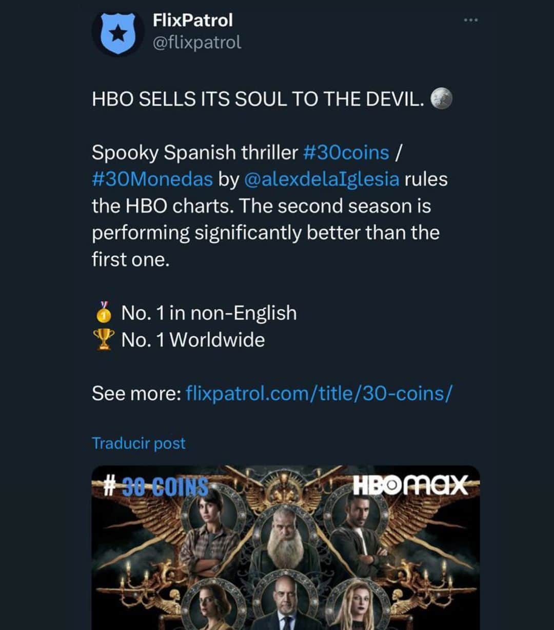 ミゲル・エンジェル・シルベストレのインスタグラム：「Que ilusión!!!!  Top 1 worldwide! 💥 #30monedas @hbo  @hbomaxes @hbomaxla @alexdelaiglesia」