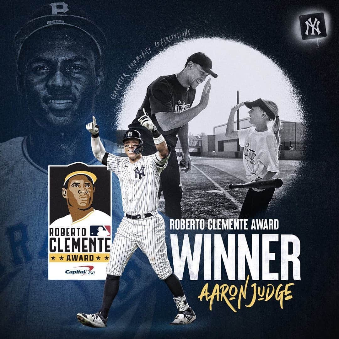 ニューヨーク・ヤンキースのインスタグラム：「A leader on and off the field.  Congratulations @thejudge44 on being named the 2023 Roberto Clemente Award Winner! 👏」