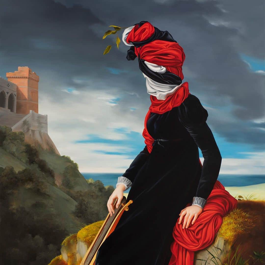 のインスタグラム：「An exhibition of new paintings by Ewa Juszkiewicz (@ewa_juszkiewicz), titled "In a Shady Valley, Near a Running Water," opens on Friday, November 3, at Gagosian, Beverly Hills.  The exhibition is titled after an eighteenth-century verse by English poet William Shenstone that Juszkiewicz alludes to again in her painting "In a Shady Valley, Near a Running Water (after François Gérard),” which is the largest canvas the artist has painted to date. Substantially expanding the scale of Gérard’s original 1803–04 portrait of Countess Katarzyna Starzeńska posing with a lyre-guitar in a wild landscape, she represents the subject’s head as covered entirely with vibrant cloth wrappings that sprout an incongruous sprig of leaves. Follow the link in our bio to learn more. __________ #EwaJuszkiewicz #Gagosian  Ewa Juszkiewicz, "In a Shady Valley, Near a Running Water (after François Gérard)," 2023 © Ewa Juszkiewicz」
