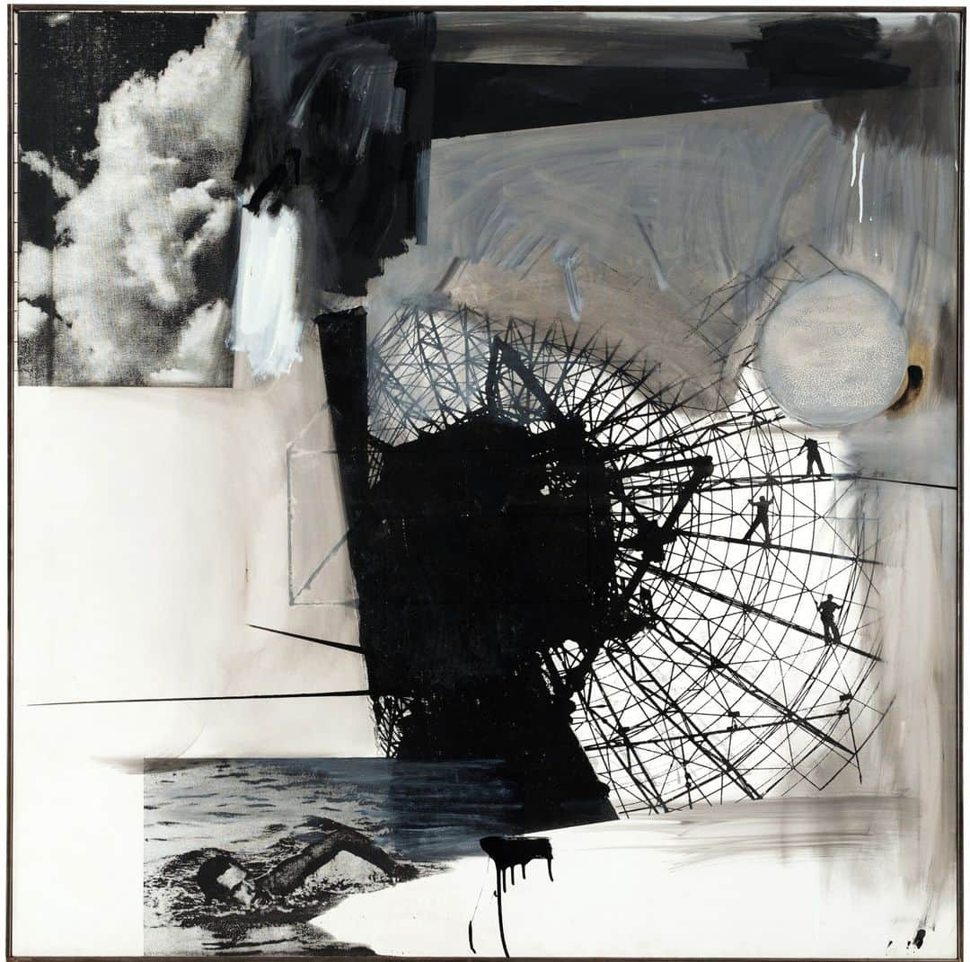 サザビーズのインスタグラム：「Robert Rauschenberg’s ‘Sundog’ is one of the very first in a series of black-and-white silkscreens that the artist began in October 1962, having recently moved into a spacious new studio in Lower Manhattan. ‘Sundog’ deploys his radical new method to powerful effect, juxtaposing a variety of images and gestures into a distinctly contemporary brand of collage.  With its clever amalgamation of art historical references, 1960s newsmedia imagery and characteristic painterly finesse, 'Sundog' endures as one of Rauschenberg’s greatest silkscreens, making it a precious relic from an unforgettable era. Explore the key references in the link in bio.   By @haleighstoddard as part of our daily series The Emily Fisher Landau Collection: Twentieth Century Art in Twenty Unforgettable Works leading up to the Evening Sale on 8 November at #SothebysNewYork. #TheFisherLandauLegacy」