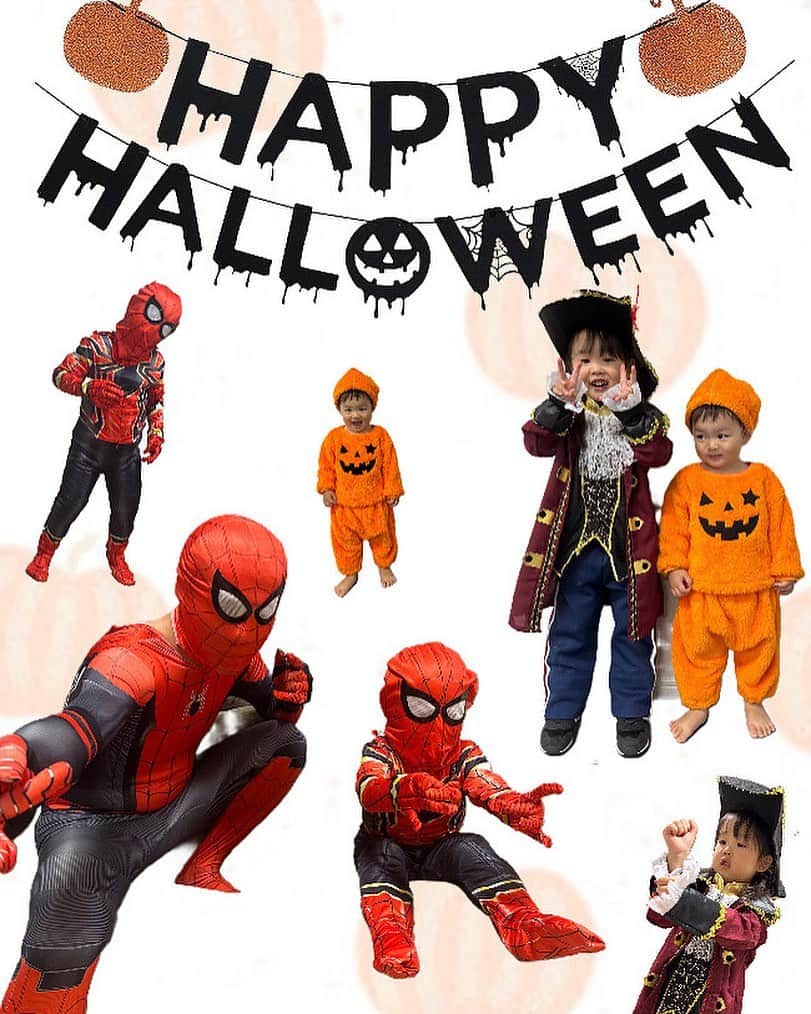 Miki Hirookaのインスタグラム：「Happy Halloween🎃👻  #突如現れたパパスパイダーマンに #喜ぶ姉とビビる弟 #2023halloween」