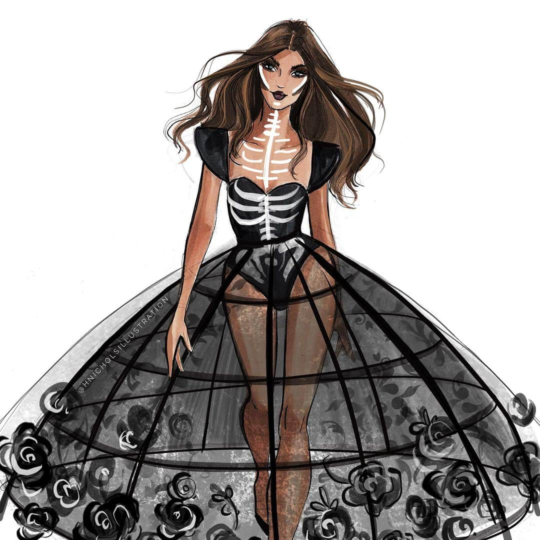 Holly Nicholsのインスタグラム：「Haunted 👻 #halloween #spooky #fashionillustration #gothfashion #copicmarkers #fashionsketch」