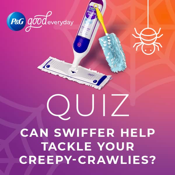 P&G（Procter & Gamble）のインスタグラム：「Sure, haunted houses are extra dusty, but even the average home accumulates 40 pounds of dust each year. 😱   Enter @Swiffer’s range of dust-busting products, including their latest #PGInnovation, Swiffer PowerMop. Its 3-D mop pad fibers are in a looped design and made up of 300+ powerful scrubbing strips made up of six layers, providing 5x the cleaning power of Swiffer WetJet pads.  Tap the link in bio to take this quiz from our @pggoodeveryday partners and find out how Swiffer can help tackle your creepy-crawlies.」