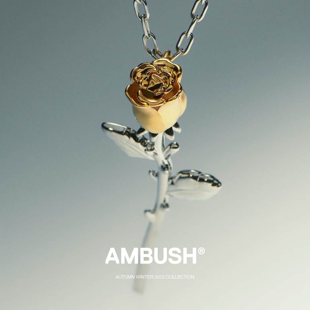 AMBUSHのインスタグラム：「#AMBUSH AW23 JEWELRY COLLECTION  A dainty style, complete with thorns. The classic ROSE CHARM NECKLACE and ROSE CHARM EARRING are now available at our WEBSHOP and WORKSHOP」