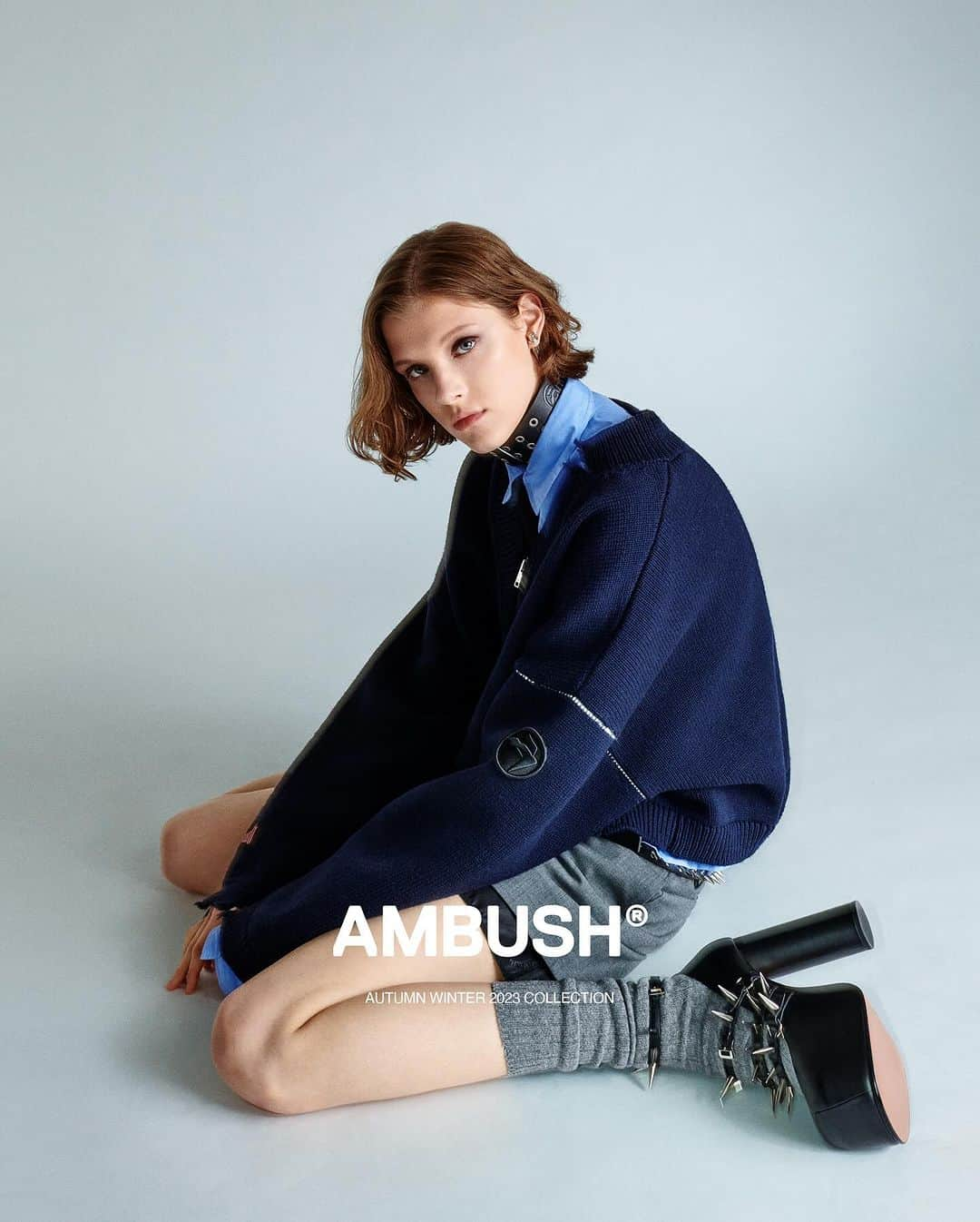 AMBUSHのインスタグラム：「Head-to-toe details that take the #AMBUSH AW23 COLLECTION from studious to rebellious, like leather jewelry, distressed wool, and spiked earrings, belts, and footwear. Now available at our WEBSHOP and WORKSHOP」