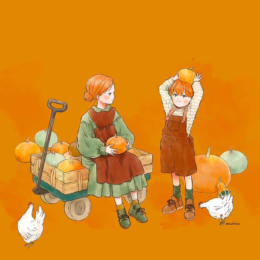 miiiのインスタグラム：「10月の姉弟🎃 . . . . . #illustration #illustrator #art #drawing #일러스트　#드로잉 #그림스타그램 #손그림 #미술 #스케치 #插图 #畫畫 #插畫 #手繪 #繪 #绘画 #kidsillustration #kidsfashion #cottagecoreaesthetic #cottagelife #cozycottage #Halloween #happyHalloween # Halloweenillustration」