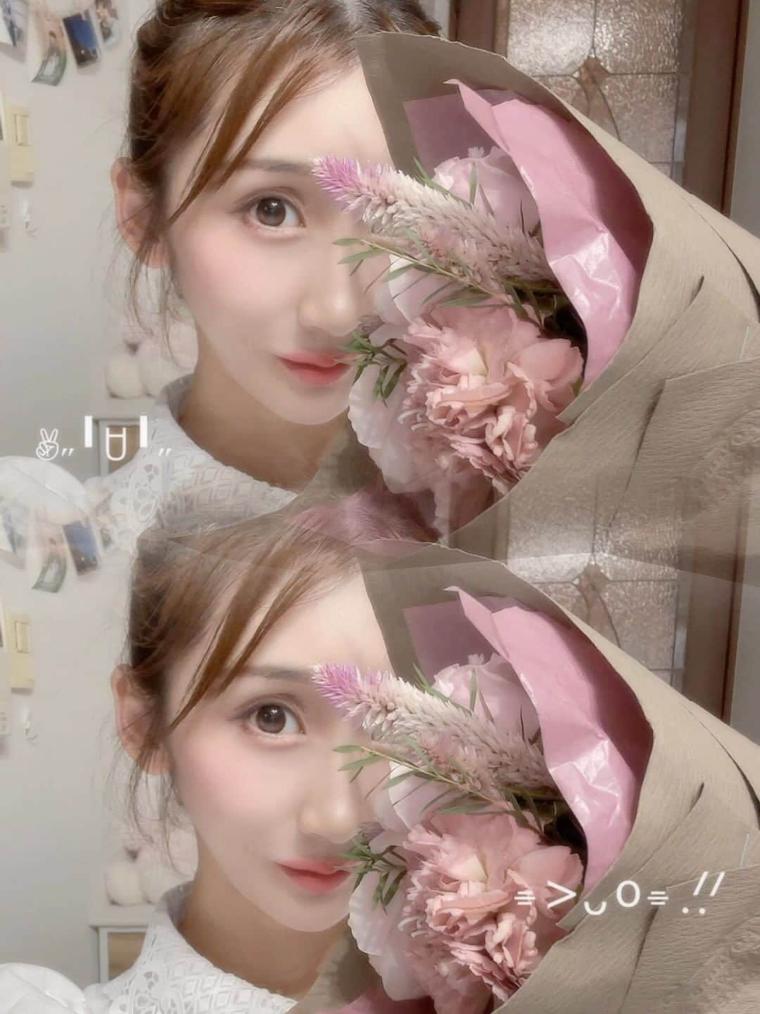 小原春香のインスタグラム：「ファンの方からのお花の色味 可愛すぎる🤍🩷 センス良すぎて私の好きな色味を分かってらっしゃるのかなぁ🥺  「美しくなる秘訣は、自分に感謝すること。そうすれば自然と美しくなるものよ」 -ゾーイ・クラヴィッツ  #ファンの方 #ありがとう #love #kawaii #thankyou」