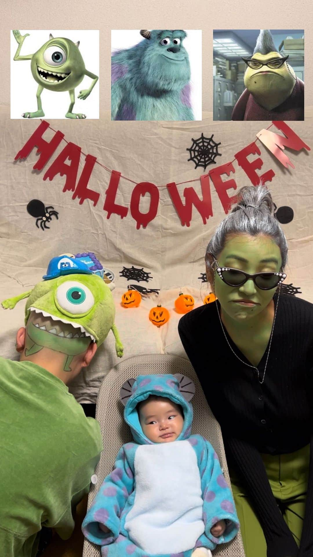 古賀あかねのインスタグラム：「ハッピーハロウィン🎃 3人でモンスターズインク😈  👶🏽はサリーで👨🏾‍🦲はマイク！後頭部での参加w わたしはおばさんモンスターのロズ。笑   @cakewith_tokyo のオンラインでデザインから オーダーできるケーキを注文して サリーを意識したハロウィンケーキに🧁💗  ケーキのおかげでハロウィン感が増して映えた 🥺🫰🏽  #cakewith_pr #0歳#生後3ヶ月 #生後3か月 #女の子ベビー #赤ちゃんのいる生活 #7月生まれ #成長記録 #育児記録 #子育てグラム #スマイル育児 #赤ちゃん動画 #赤ちゃん #赤ちゃん日記 #親バカ部 #コドモダカラ #の子 ママ#ベビー服#ベビーコーデ#ふさふさベビー #newborn #newbornphotography #newbornbaby #babygirl」