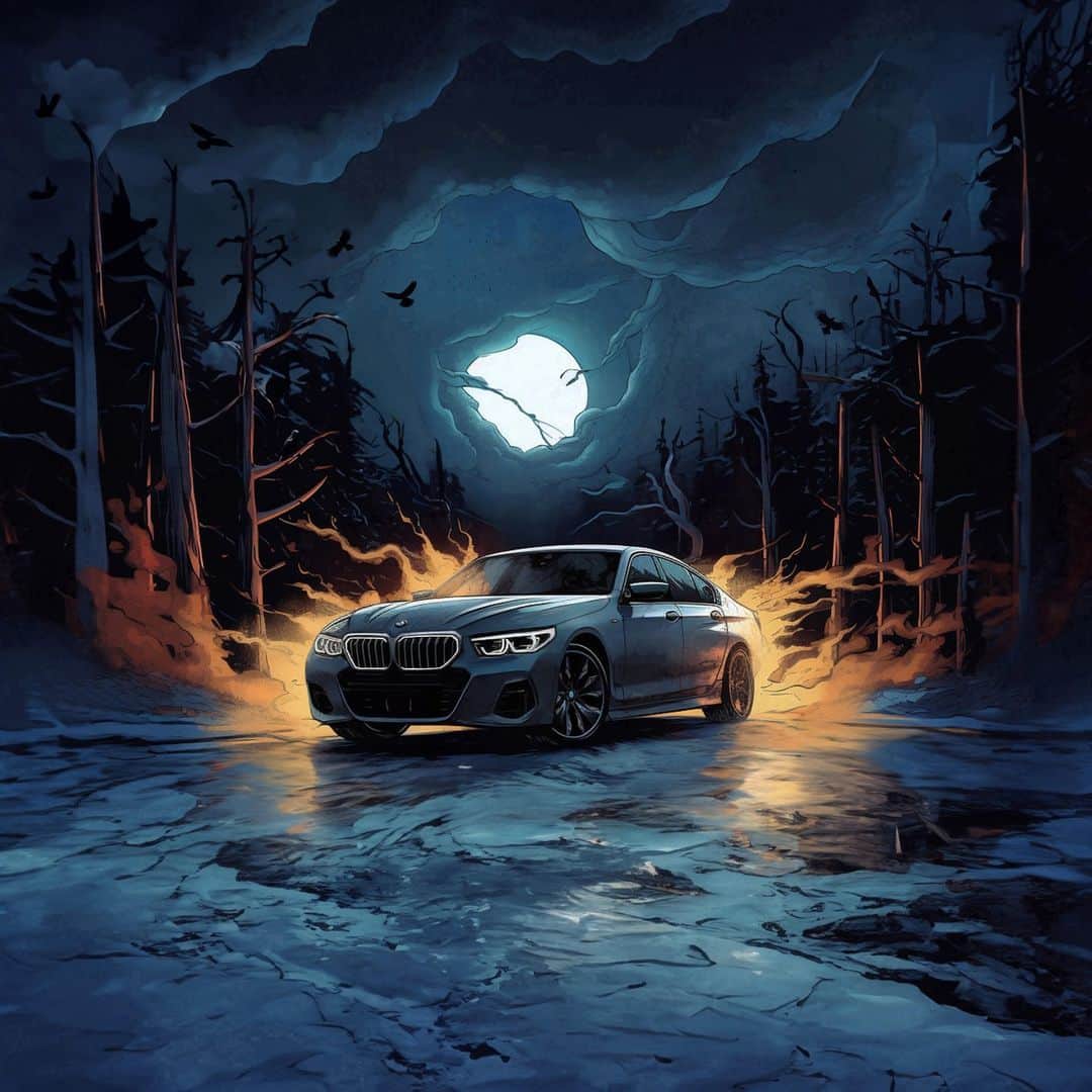 BMWのインスタグラム：「The midnight sky electrifies this Halloween🦇⚡️​  #BMW #Halloween   Made using AI.」