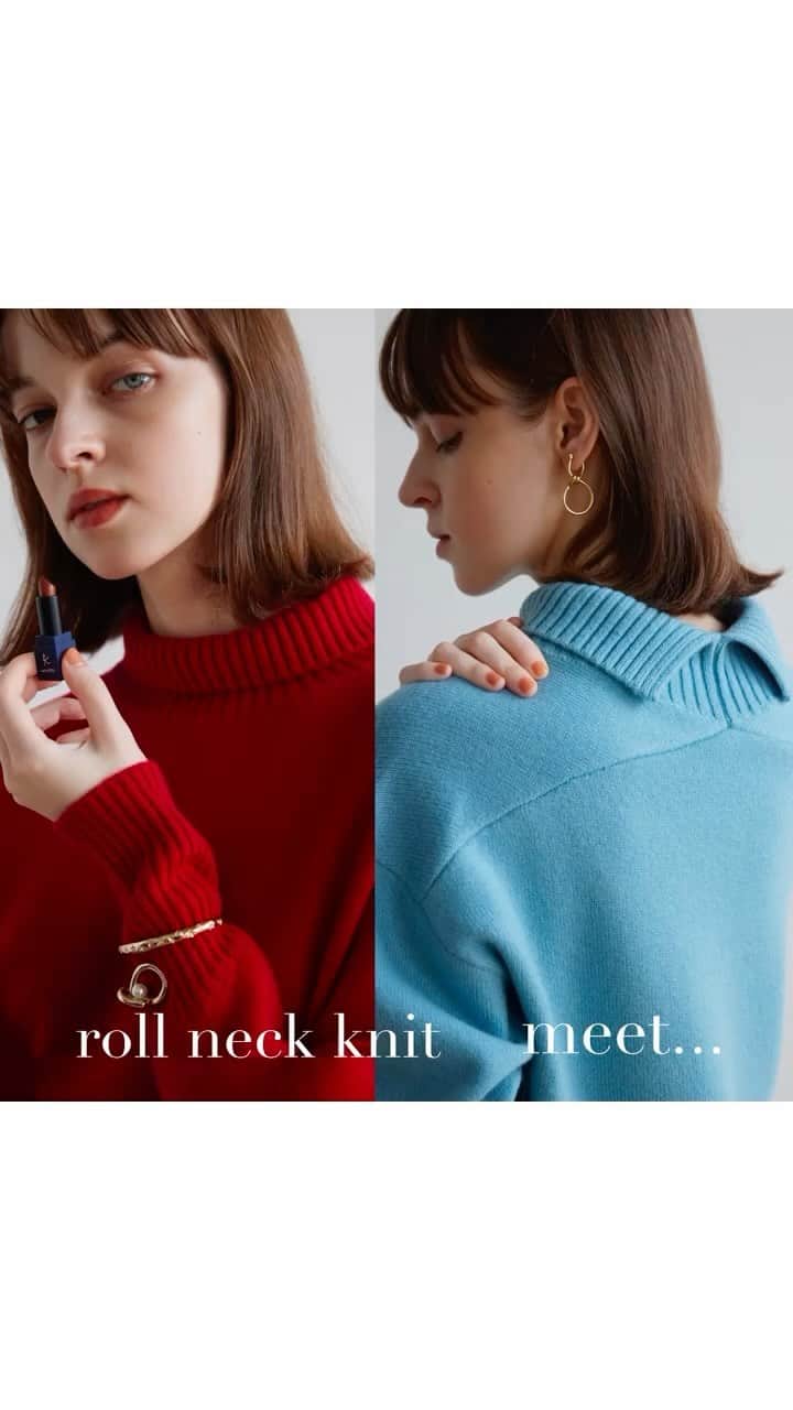 kumikyokuのインスタグラム：「- 【Wool Cashmer Mix】 roll neck knit 顔周りがすっきりと見えるゆとりのあるロールネックのプルオーバー。袖を通すと体から程よく離れるサイズ感で、斜めにデザインされた長めの袖口リブ、真っすぐな裾とサイドに入った深めのスリットは全体のバランスにコンパクトな印象を与え、自然とこなれ感を演出してくれます。 バックネックのスリットとデザイン切り替えで後ろ姿もぬかりなく、シンプルながら存在感のあるニットです。 襟を立ててタートルネックとしても着用でき、スタイリングの幅が広がるアイテムです。  -  タートルは苦手！ という方にもオススメです。 ロールネックで着てしまえば、きちんと暖かくて可愛らしさもあり、首元もリラックスできます。 それでもウールのほわほわが気になる方はシャツレイヤードはいかがでしょうか？ 皆さまのスタイルに合ったスタイリングを、ぜひ楽しんでいただけたら嬉しいです^ ^  -  #kumikyoku #組曲#オンワード #オンワードクローゼット #23aw #冬コーデ  #ニット #ニットコーデ #カシミヤ#ウール #カラー #カラーニット #カラーニットコーデ  -」