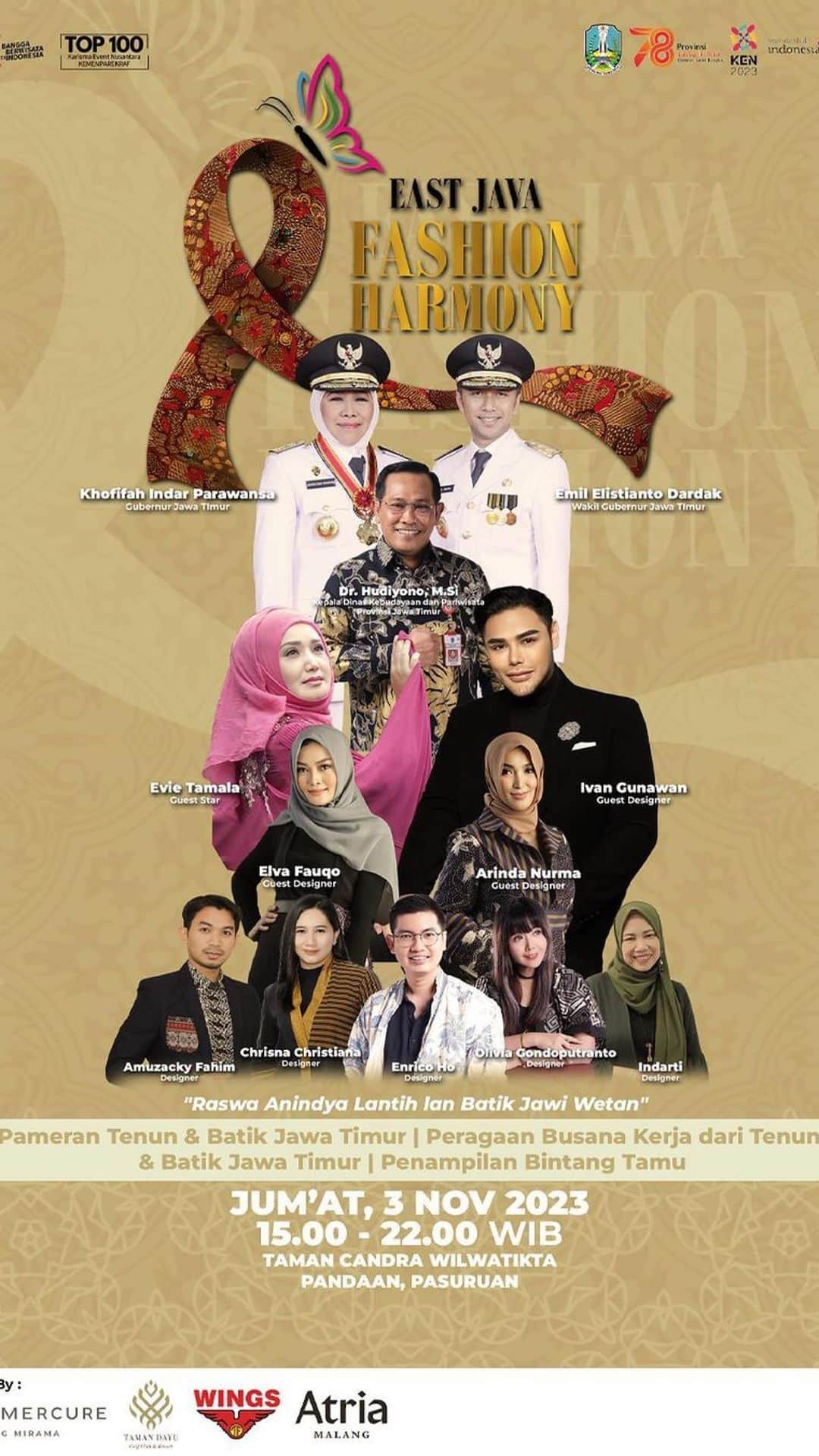 Ivan Gunawanのインスタグラム：「. Prepare to be spellbound as East Java Fashion Harmony brings together the fashion world and a dazzling guest star to ignite the stage!  Witness the brilliance of renowned designers, breathtaking performances, and the magnetic presence of our guest star.   Mark your calendar! Friday, 03 November 2023 15:00 - 22:00 WIB At Taman Candra Wilwatikta Pandaan, Pasuruan, East Java.  Get ready for a fashion extravaganza that will leave you in awe⭐️💐  Free for public !!   @disbudparjatimprov @disbudparjatim.lppk @eastjavafashionharmony @karismaeventnusantara @kemenparekraf.ri  #eastjavafashionharmony #eastjavafashionharmony2023 #wonderfulindonesia #pesonaindonesia」