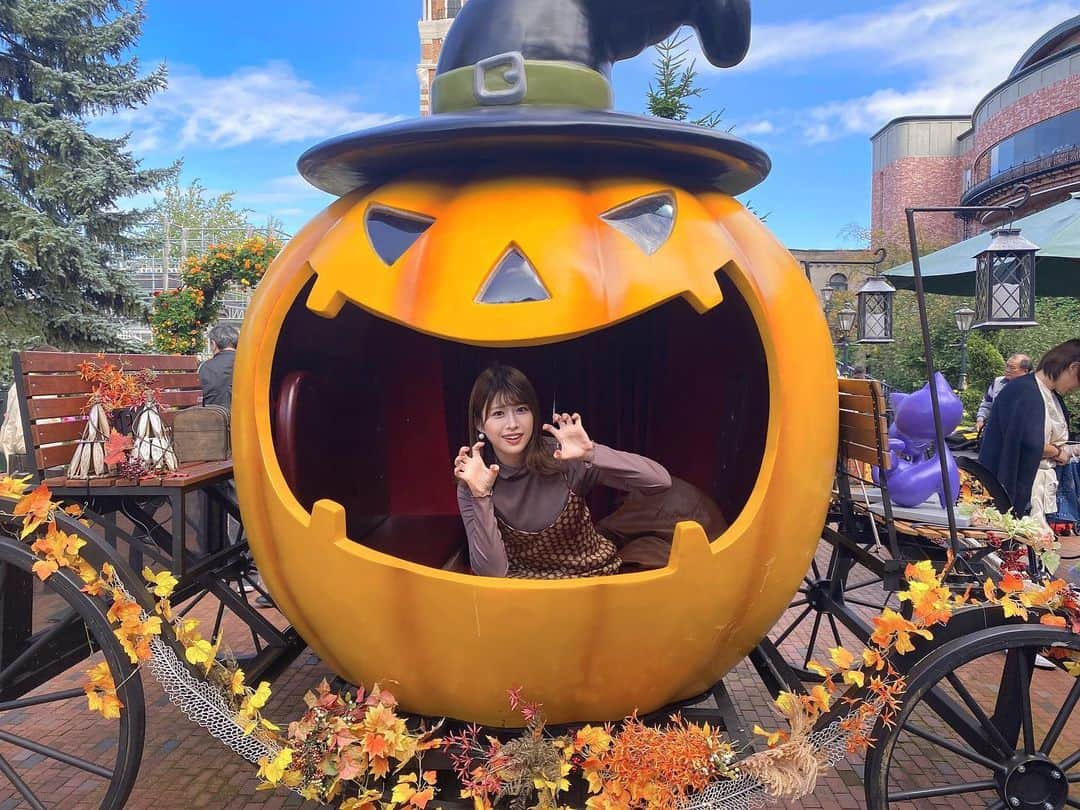 佐藤朱のインスタグラム：「🎃HAPPY HALLOWEEN🎃 . 私もお家の猫ちゃんも カボチャのお口からの登場👀笑 #ハロウィン #halloween #カボチャ #猫 #三毛猫 #トリックオアトリート」