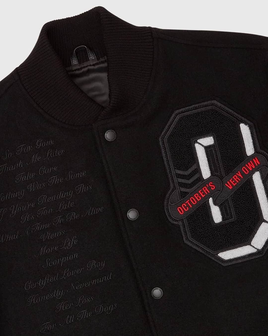 HYPEBEASTさんのインスタグラム写真 - (HYPEBEASTInstagram)「In honor of Drake's latest album 'For All The Dogs,' @octobersveryown is set to release a premium varsity jacket to celebrate the eighth studio album.⁠ ⁠ The jet-black jacket is crafted predominantly from wool and sees OVO’s signature 100% premium cow leather sleeves. Fully lined, the For All The Dogs Varsity jacket also boasts secured snap closure along the front, with both internal and external pocketing. ⁠ ⁠ Elevated embroidery and patching line the sleeves and left side of the chest, with Drake’s chronological discography listed down the right side. Take a closer look at the For All The Dogs Varsity Jacket’s detailing in the gallery below. The jacket is available for pre-order now for approximately $998 USD with delivery on January 17, 2024.⁠ Photo: OVO」10月31日 19時00分 - hypebeast