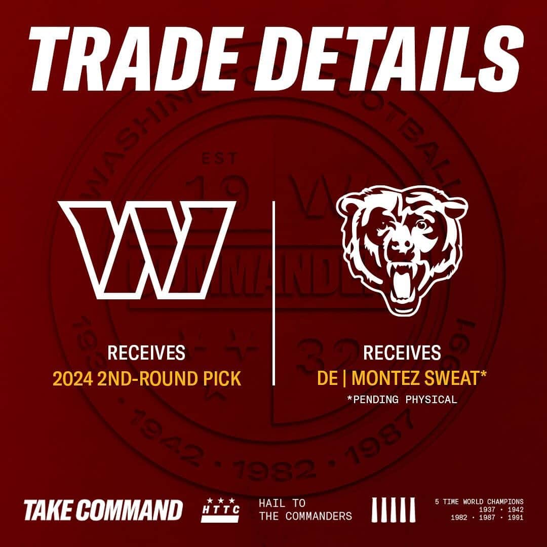ワシントン・レッドスキンズのインスタグラム：「We have traded DE Montez Sweat to the Chicago Bears, pending a physical」