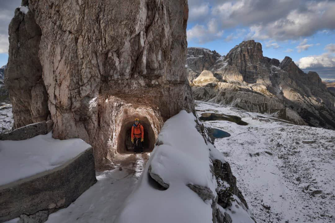 National Geographic Travelのインスタグラム：「Photo by Robbie Shone @shonephoto | Monte Paterno, in the heart of the Italian Dolomites, essentially consists of three sharp ridges that join together and rise up into a single summit. It’s a lovely looking mountain. During World War I it was extensively tunneled, and the route from Rifugio Locatelli-Tre Cime climbs a lot of this mountain from the inside.」