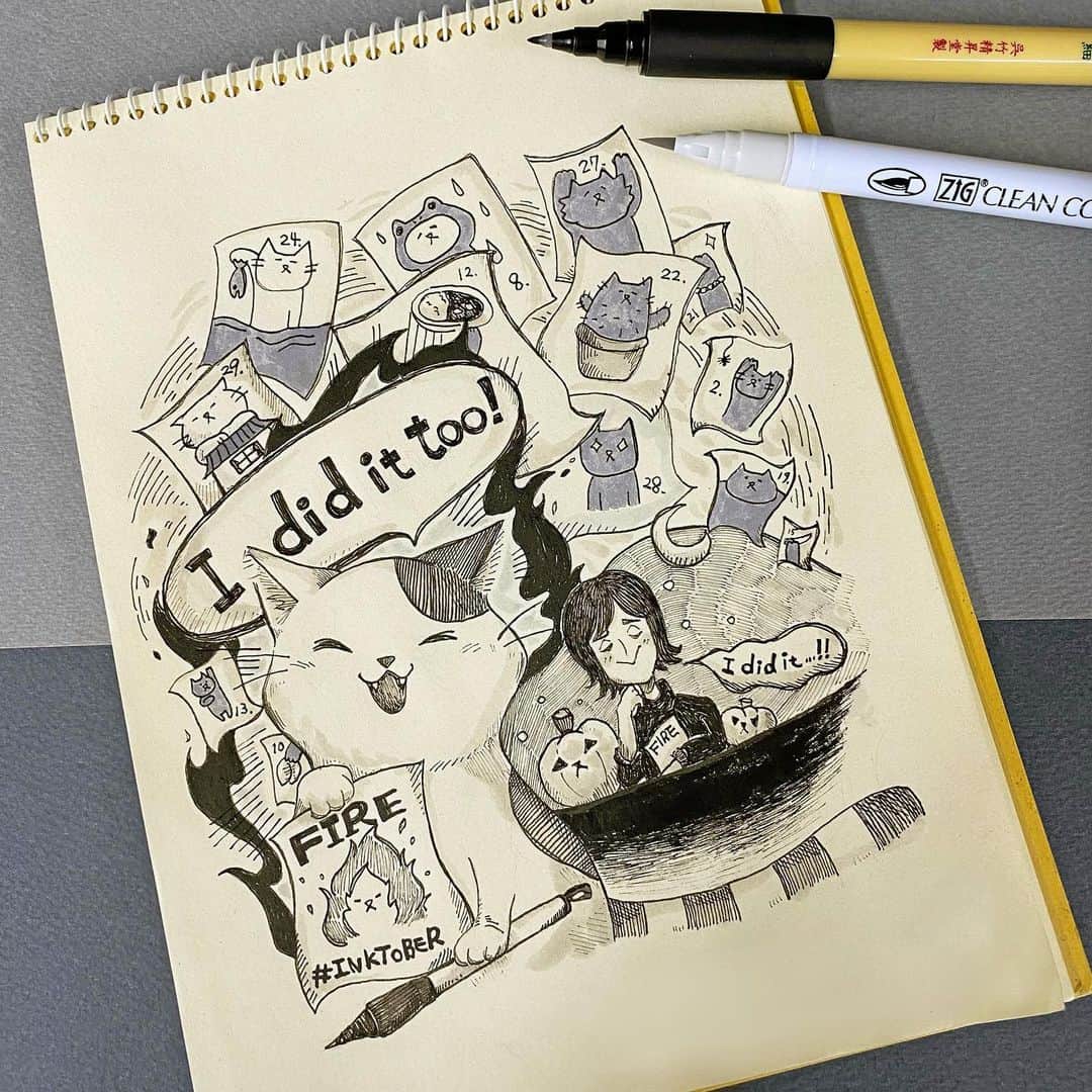 Kuretakeのインスタグラム：「#Inktober ( #インクトーバー)最終日‼  31日目のお題「火(FIRE)」に呉竹社員がチャレンジ✨ プロユースとしてもお使いいただけるペンの６本セットを中心に 呉竹商品を使用しました。  1日目から31日目のお題を描き切った女の子と猫の絵です。 ぜひ最終日のお題もチャレンジしてみてくださいね。  31日間完走された方はぜひ「Inktober2023皆勤賞チャレンジ」にご応募ください！ https://www.special.kuretake.co.jp/inktober-campaign  #Inktober Day 31!has The last day!  Kuretake staff drew the prompt "FIRE" for Day 31✨. We used the ZIG ILLUSTRATION SET and KURETKE products.  This is a drawing of a girl and a cat finished drawing the prompt from day 1 to day 31. We hope you will try your hand at the last day's prompt.  For those who have completed 31 days! Please enter the [Inktober Perfect Challenge 2023] https://www.special.kuretake.co.jp/en/inktober-campaign  #kuretake_inktober2023 #kuretake_inktober #インクトーバー #インクトーバー2023 #kuretake #kuretakezig #呉竹 #inktober #inktober2023 #inktober_competition2023  #inktober2023fire #inktober2023day31 #inktober2023day31fire」