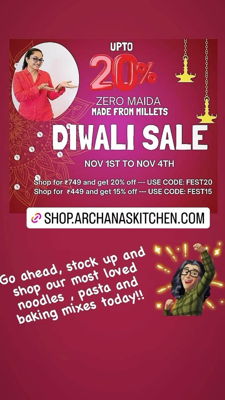 Archana's Kitchenのインスタグラム：「Festive sale is on!! Time to stock up on your Guilt Free favorite noodles, pasta, cake mixes and more!! You can find the link on my profile @archanaskitchen」