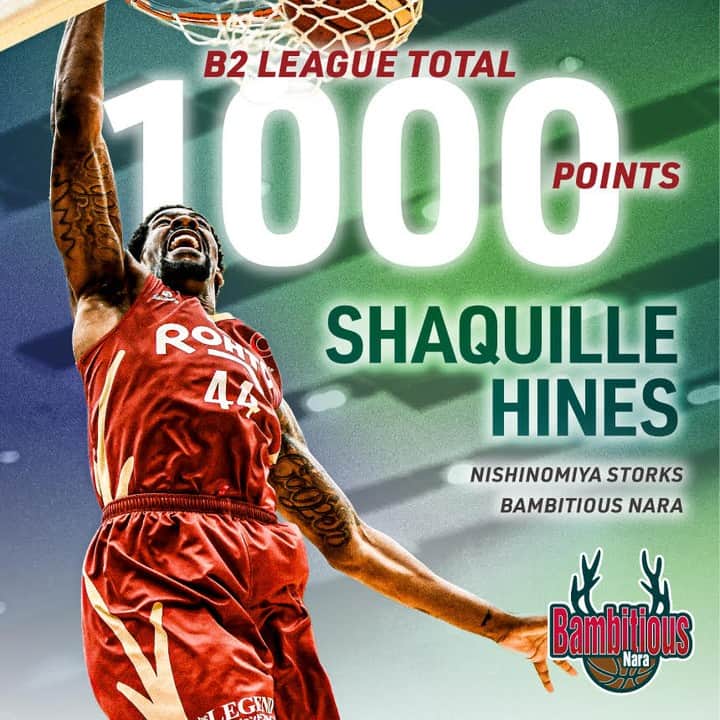 バンビシャス奈良のインスタグラム：「🦌シャキール・ハインズ選手 B2通算1,000得点🦌  10/28(土)の試合で、#シャキールハインズ 選手が、B2通算1,000得点を達成しました🏀  🌟おめでとう、シャック🌟  #バンビシャス奈良」