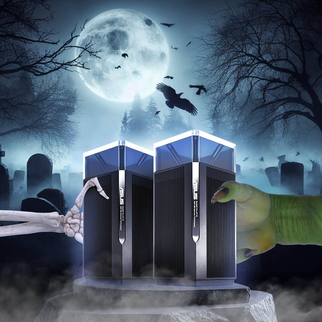ASUSのインスタグラム：「Nothing is scarier than bad WiFi.📶⁣ ⁣ Even monsters know it!👻🧟 #HappyHalloween🎃⁣ ⁣ Protect your home with ASUS #ZenWiFi Pro ET12, against slow connections & haunted dead zones.⁣ ⁣ Grab yours before they vanish into the dark.⁣」