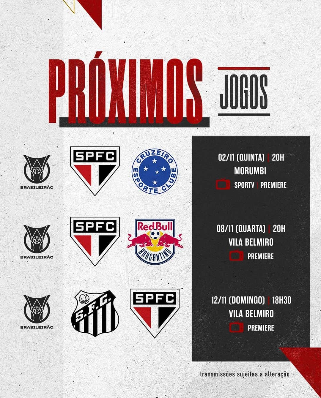 São Paulo FCのインスタグラム：「🗓 Confira os próximos jogos do Tricolor, com alteração no local da partida contra o Red Bull Bragantino.  O duelo será na Vila Belmiro, dia 8 de novembro (quarta-feira), às 20h.  Saiba mais sobre a mudança no nosso site oficial.  #VamosSãoPaulo 🇾🇪」