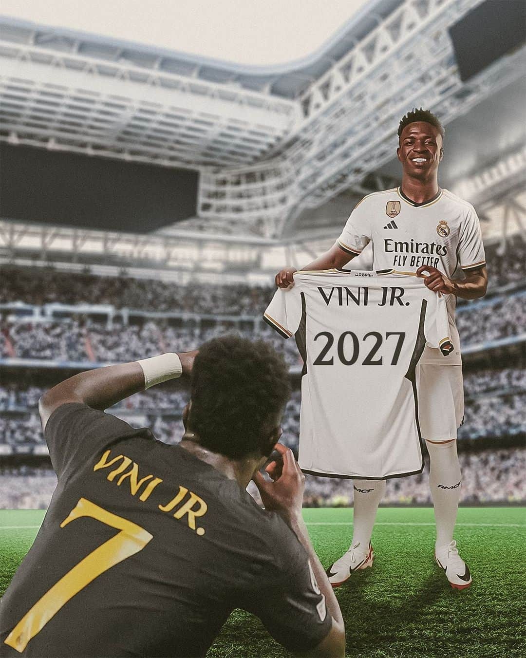 ヴィニシウス・ジュニオールのインスタグラム：「2️⃣0️⃣1️⃣8️⃣ ⏩ 2️⃣0️⃣2️⃣7️⃣ 🤍 HISTORIA POR HACER... #ViniJr2027」