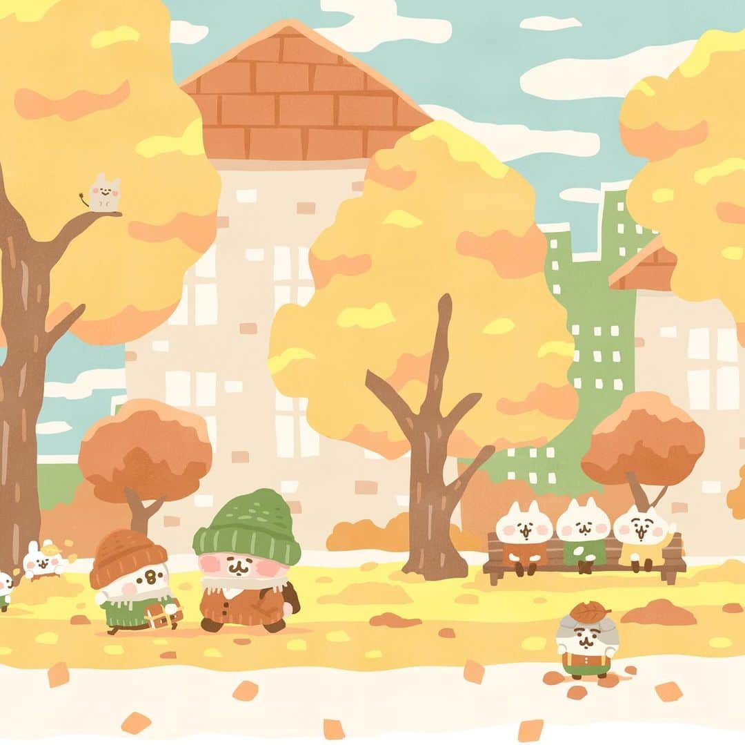 カナヘイさんのインスタグラム写真 - (カナヘイInstagram)「秋の道 □□■ □□□  #11月壁紙 #秋 #Autumn #落ち葉 #kanahei #卡娜赫拉 #卡娜赫拉的小動物 #カナヘイ #ピスケとうさぎ #ねーねーねこ #Illustration #イラスト #壁紙」10月31日 22時47分 - kanahei_