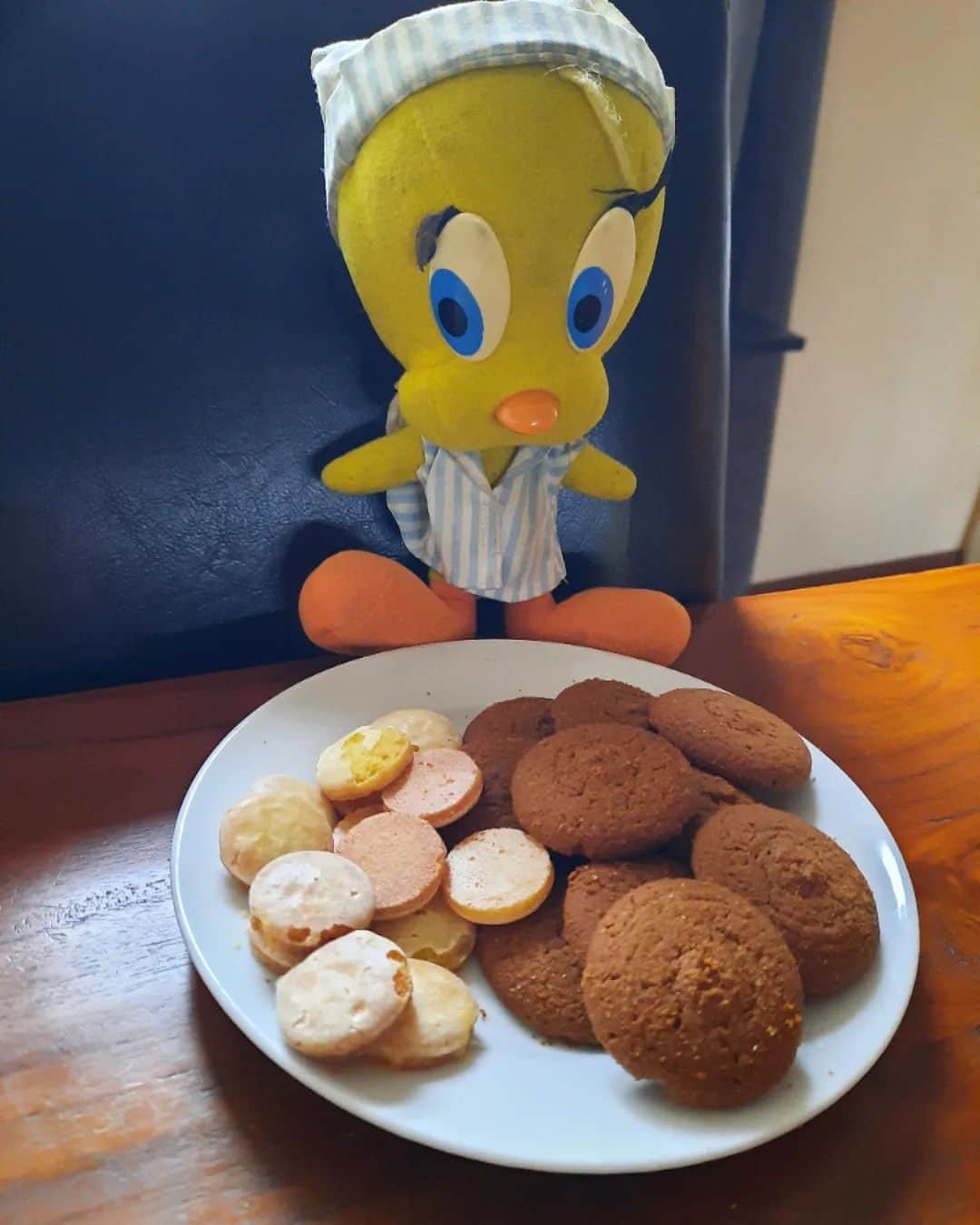Little Yellow Birdのインスタグラム：「For this weeks #honeygroveteapartytuesday I bring nothing Halloweeny, just a delicious taste of Madeira (sorry guys, still there with my head and heart)...bolo de Mel de Cana (honey cookies) and the small ones are lemon Paciencias! #littleyellowbird #tweety #tweetykweelapis #adventures #yellow #bird #tuesday #sweet #sweettreat #sweettooth #cookies #madeira #bolodemel #bolodemeldecana #paciencia #lemon #crunchy #stuffedanimalsofinstagram #plushiesofinstagram」