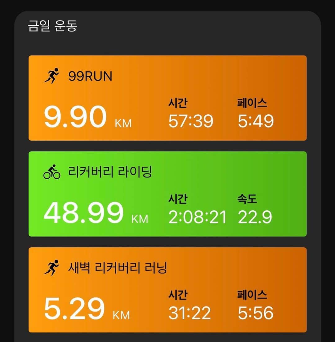 ジヌションのインスタグラム：「🏃‍♂️🚴‍♂️🏃‍♂️ 춘천마라톤 하루 휴식후 리커버리 운동 리커버리 운동은 이렇게 3시간 반 정도 하는거 맞죠?😅 이번주 JTBC 마라톤 10km 잘 준비해보자!」