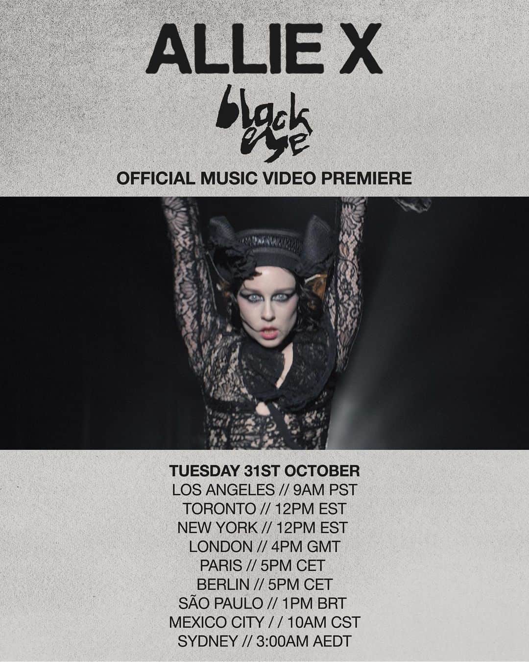 アリー・エックスのインスタグラム：「BLACK EYE PREMIERE (9 AM PST) ⚫️   The Black Eye music video (directed by moi) is out in less than 2 hrs. You can watch it live with me if you like 👁️ times are listed in the poster. link in bio 🖤🖤🙅🏻‍♀️」