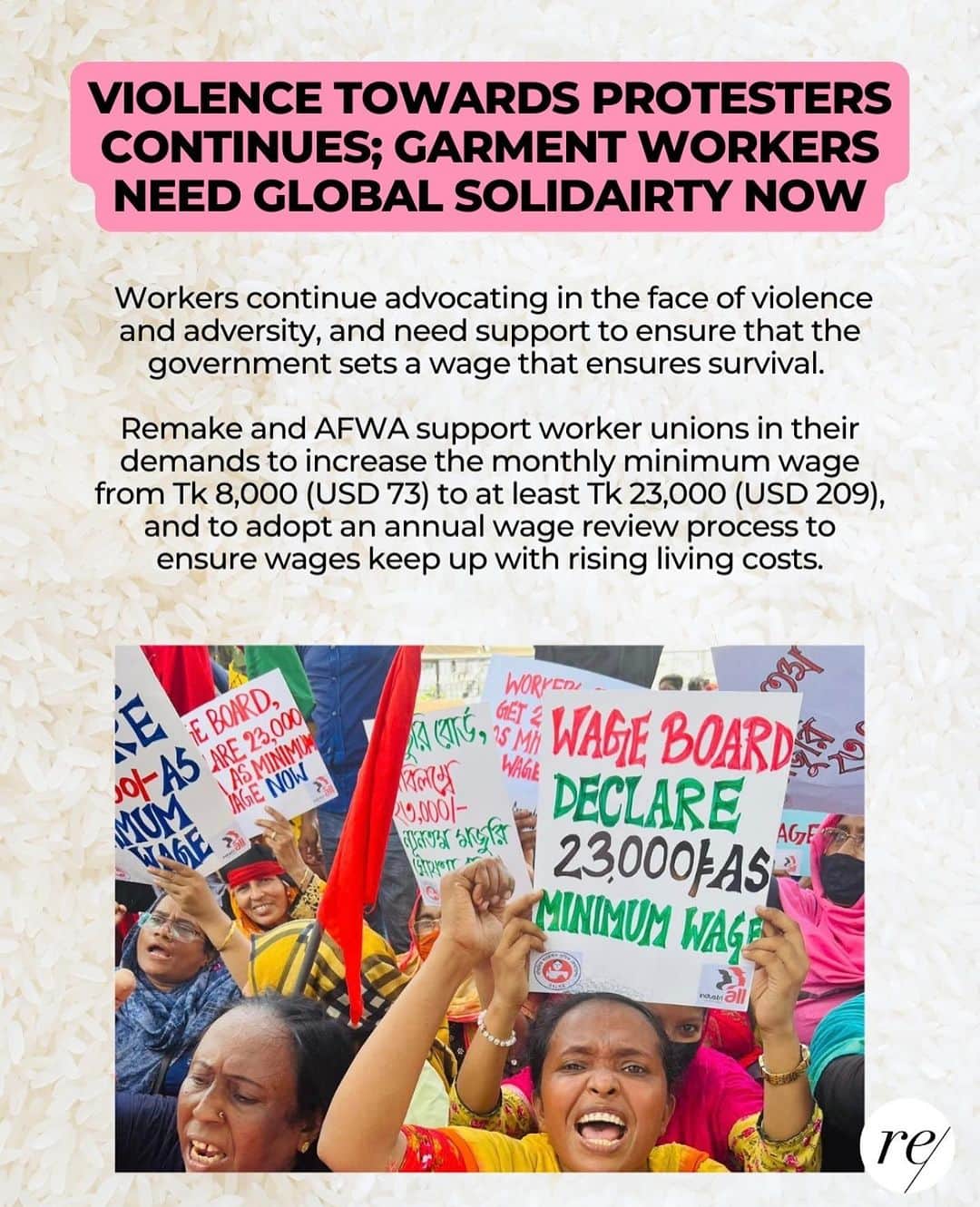キャメロン・ラッセルのインスタグラム：「URGENT: Two Bangladeshi Workers have been Killed - Garment Workers Need Your Support & Amplfication  After months of organizing, many worker unions across Bangladesh have rallied around Tk 23,000 ($209 USD), for a new minimum monthly salary figure in the country. They currently receive one of the lowest minimum wages of all countries producing ready made garments (lower than China, India, Cambodia) of just $73/month. TOMORROW November 1st the Wage Board will make a decision and Bangladeshi workers ask for global solidarity behind this specific figure.   Yesterday Md Rasel Hawlader, aged 25, a maintenance machinist at Design Express Garments Ltd. was shot and killed by the Bangladeshi police (October 30).   Md Rasel is a member of the Design Express Sommilito Sramik Union, which is affiliated with the Sommilito Garments Sramik Federation union.   This is a developing story.  At this pivotal juncture in the wage setting process, workers, who continue to advocate for their demands in the face of violence and adversity, need support to ensure that the government sets a wage that at least ensures basic resources to survive.  As academic Minh-Ha Pham has written about previous protests for better wages in Bangladesh: “The Western fashion media wield incredible influence on the public’s awareness and understanding of consumer and corporate social responsibility. Their choice to ignore these protests speaks volumes about the limits of “ethical fashion”—a movement whose concerns don’t extend to politically empowered fashion workers or events that incriminate mid- and top-market brands. The fashion media’s silence is not just irresponsible; it’s unethical.”   This is why it is urgent that those of us with social media platforms make noise today and answer the call from 4.5 million workers for a more livable wage and to adopt an annual wage review process to ensure wages keep up with rising living costs. 📣  #23000takaminimumwage #23000taka」