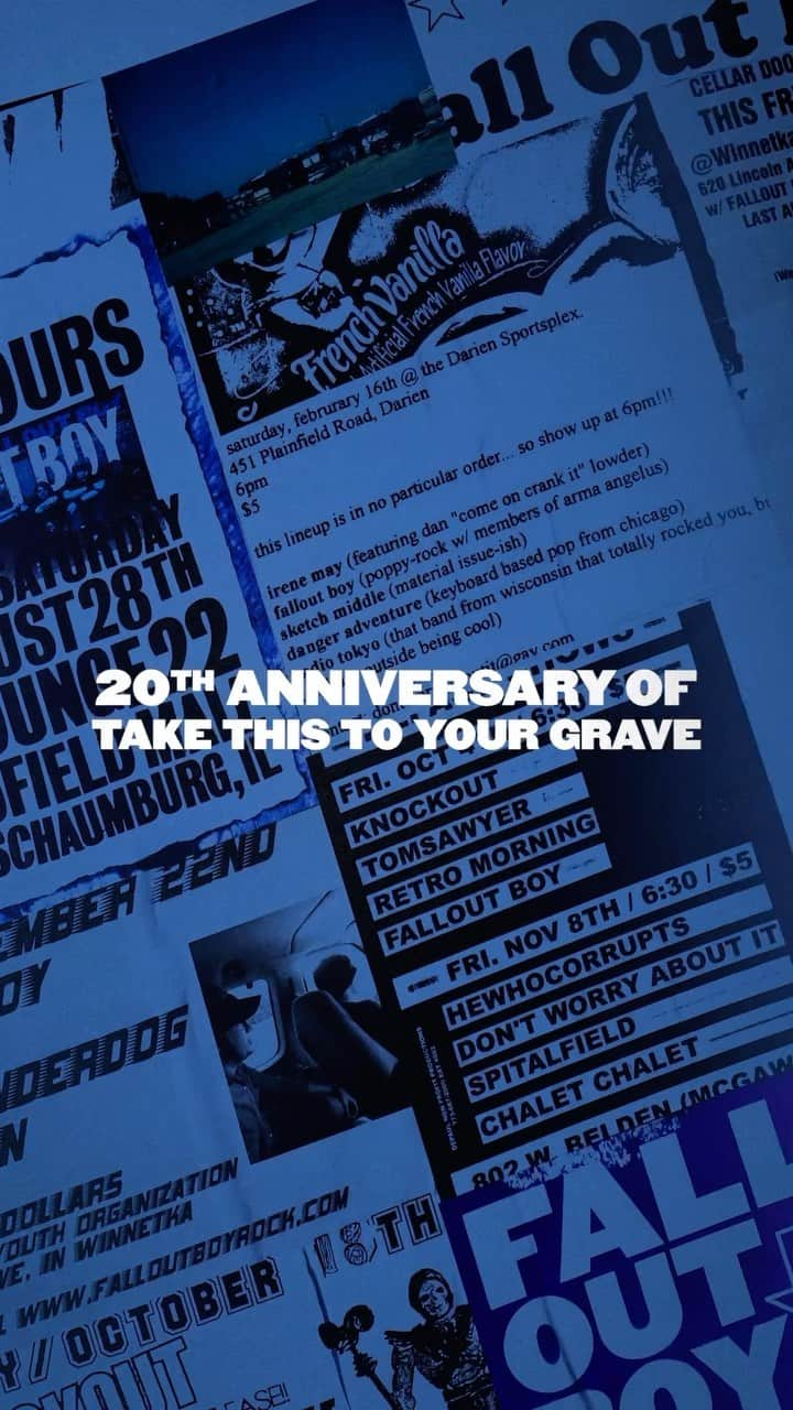 フォール・アウト・ボーイのインスタグラム：「this is a special one 💙 celebrating the 20th anniversary of Take This To Your Grave with a limited edition 36-page hardcover coffee table book + blue vinyl, featuring two unreleased demos (“Colorado Song” + “Jakus Song”). Only 5,000 copies were made, available exclusively in the FOB webstore.   it’ll be out december 15th, ya know, right in time for the holidays. pre-order your copy now - link in bio.」