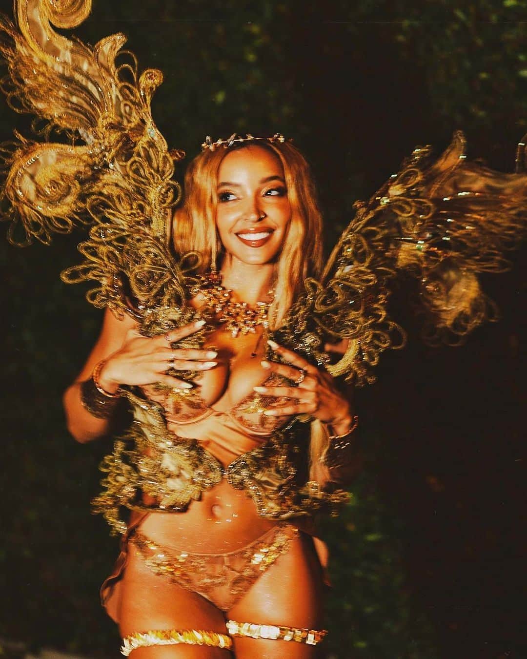 ヴィクトリアズ・シークレットのインスタグラム：「Spotted: @tinashenow setting the gold standard in soon-to-be-released styles and archival wings.    Photographer: @_jamiejamster  Stylist: @yasixguilani」