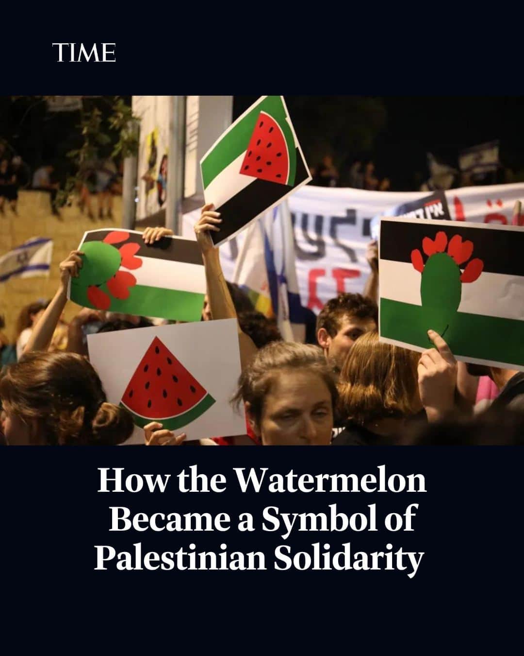 TIME Magazineのインスタグラム：「The use of the watermelon as a Palestinian symbol is not new.   It first emerged after the Six-Day War in 1967, when Israel seized control of the West Bank and Gaza, and annexed East Jerusalem. At the time, the Israeli government made public displays of the Palestinian flag a criminal offense in Gaza and the West Bank.  To circumvent the ban, Palestinians began using the watermelon because, when cut open, the fruit bears the national colors of the Palestinian flag—red, black, white, and green.   Learn more at the link in bio.  Photograph by Yahel Gazit—Middle East Images/AFP/Getty Images」