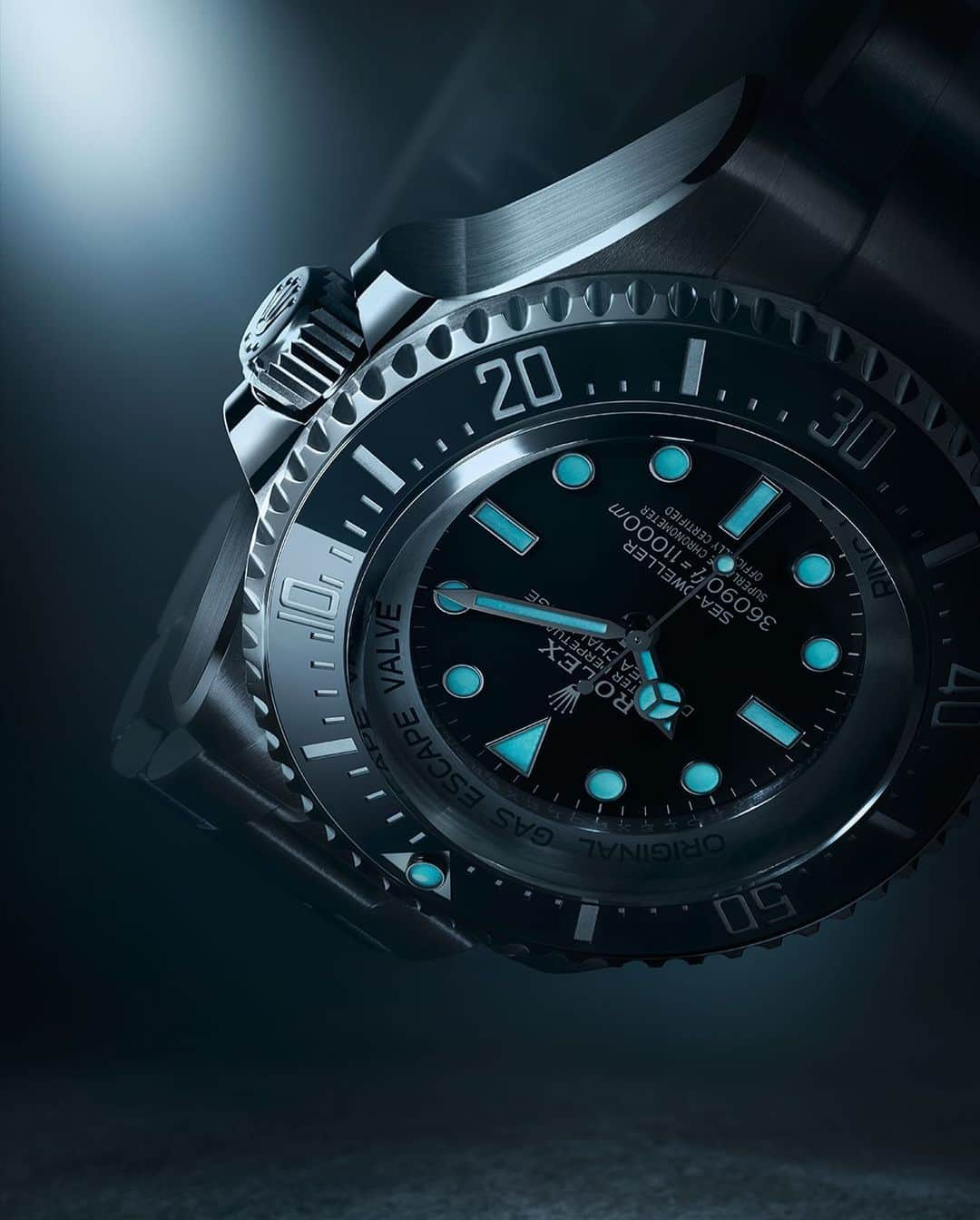 rolexのインスタグラム：「To the deepest and beyond. Waterproof to the abyssal depth of 11,000m/36,090ft, the Oyster Perpetual Deepsea Challenge is designed to withstand phenomenal underwater pressure. Crafted from RLX titanium, it embodies a perfect balance of superlative technical performance and wearer comfort. #Rolex #DeepseaChallenge #101031」