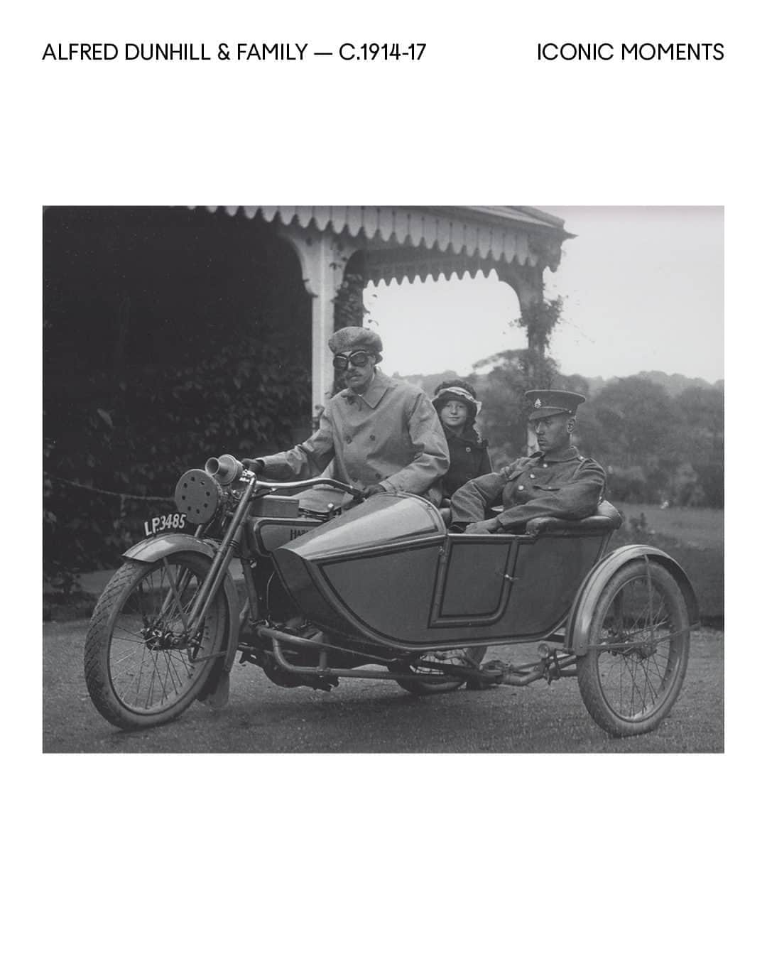 ダンヒルのインスタグラム：「A photograph of House founder Alfred Dunhill in the early 20th Century with his Harley Davidson F-Twin ‘Silent-Gray Fellow’ motorcycle and dunhill sidecar. Accompanied on this occasion by son Alfred Henry and daughter Mary. These beautifully engineered wood sidecars were made up until the 1920s.  #dunhillICONICMOMENTS」