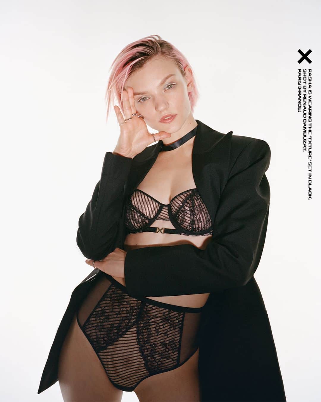 シャンテルのインスタグラム：「[TXTURE]  Pasha is wearing the ‘TXture’ Half-cup Bra and High-waisted Thong by @chantelle_______x.  Discover the full line in the shades 'Black' or ‘Club purple’ on chantelle.com, and at our pop-up store in Le Marais, Paris [95 rue Vieille du Temple].  #ChantelleX #chantelleXTXture #ChantelleXAW23」