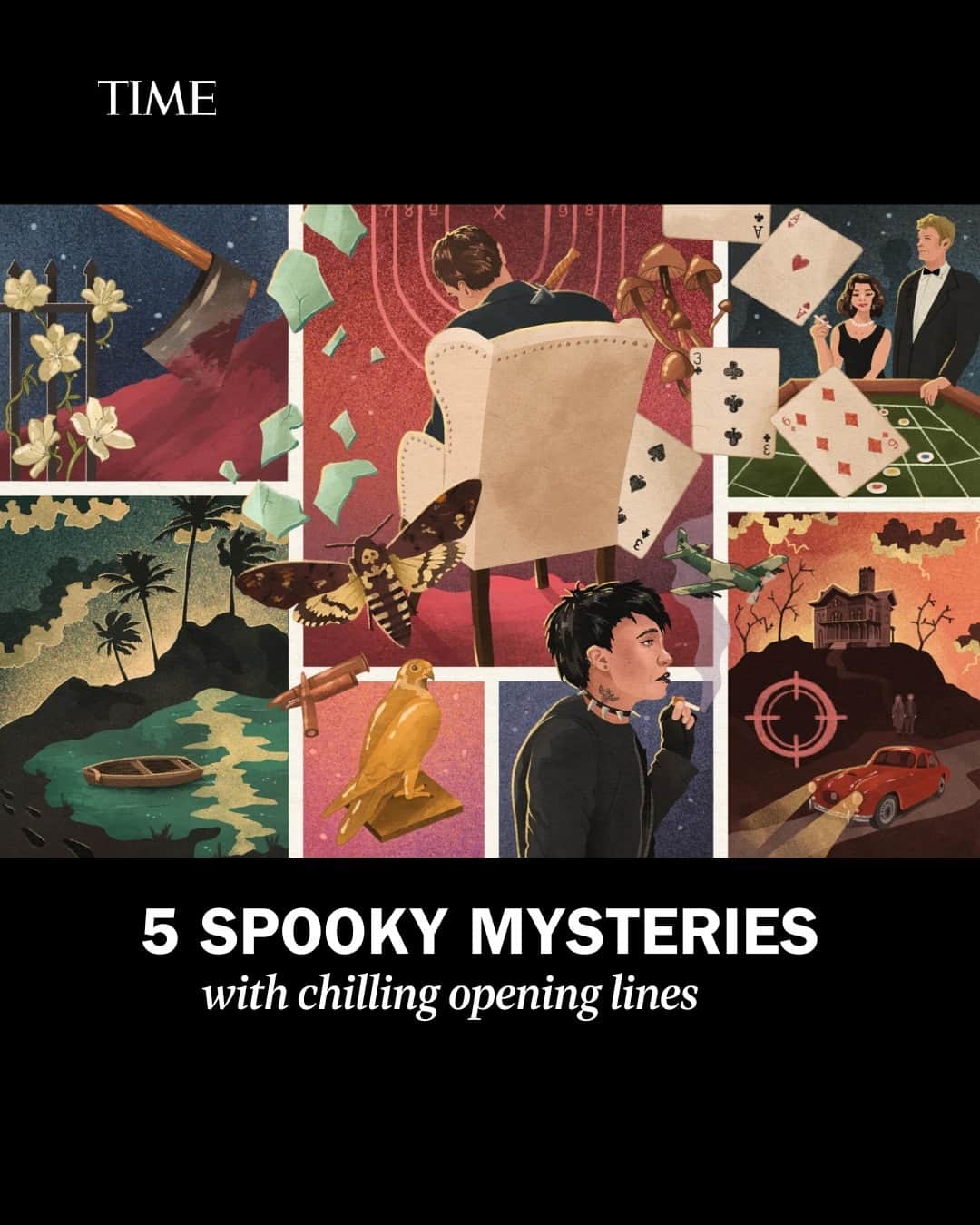 TIME Magazineのインスタグラム：「There's no better time to settle in with a gripping, twist-filled, and satisfying mystery than Halloween.  Swipe through some of the most chilling opening lines that we could find, and at the link in bio, find 100 of the best mystery and thriller books of all time.  Illustration by Michelle Urra for TIME」