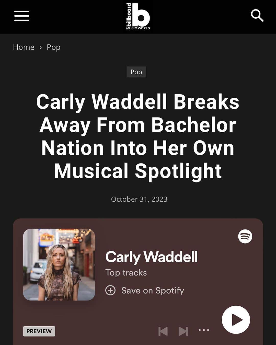 カーリー・ワデルのインスタグラム：「Well another dream off the bucket list ✔️✔️✔️thank you sooooooo much @billboard for the artist spotlight!!!!!」