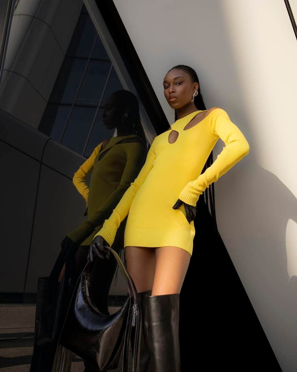 ビブロスのインスタグラム：「Introducing Byblos "DNA" Neckline Mini Dress.  Byblos comfy mini dress crafted from stretch viscose, featuring a ribbed construction for texture. Its asymmetric neckline adorned with infinity motifs enhances the shoulders, while its technical aspect ensures natural breathability and ultimate comfort on the skin.  Discover the whole FW23 Collection on byblosbrand.com  #ByblosOfficial #ByblosFW23 #ManuelFacchini #FW23」
