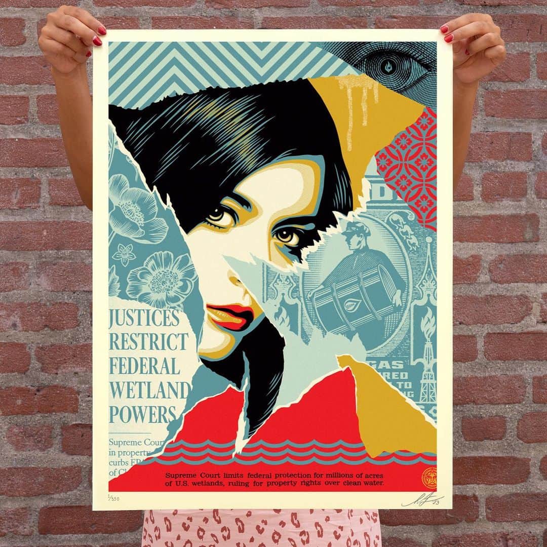 Shepard Faireyのインスタグラム：「NEW Print Release: “Wetland Powers” Available Thursday, November 2nd @ 10 AM PDT.  This Wetland Powers print examines the repercussions of a Supreme Court largely in the pockets of big oil. Government is supposed to create the greatest good for the greatest number of people. Still, the conservative justices in the current Supreme Court have put the agendas of big oil and wealthy property owners ahead of safe and clean water for the citizenry. The concept of “common assets”… that resources like air and water are owned by no one and need to be protected for the benefit of all, seems lost on many people in business and government. It is up to us as voters to elect representatives who put the needs of the citizens first. The Supreme Court makeup is always important to consider when voting for our president since the sitting president selects appointees for Supreme Court justices. A portion of proceeds from this print go to @greenpeaceusa‘s efforts to fight for responsible environmental policies. Thanks for caring! –Shepard  PRINT DETAILS: Wetland Powers. 18 x 24 inches. Screen print on thick cream Speckletone paper. Signed by Shepard Fairey. Numbered edition of 550. Comes with a Digital Certificate of Authenticity provided by Verisart. $60. A portion of the proceeds will be donated to Greenpeace USA. Available on Thursday, November 2nd @ 10 AM PDT at https://store.obeygiant.com. Max order: 1 per customer/household. International customers are responsible for import fees due upon delivery (Except UK orders under $160).⁣ ALL SALES FINAL.」
