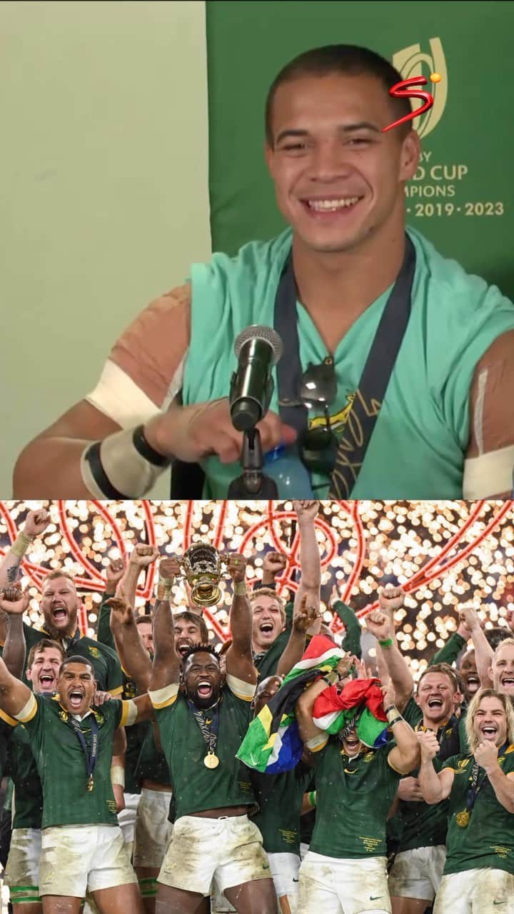 ラグビー南アフリカ代表のインスタグラム：「“You were fighting for your life!” 🇿🇦 @cheslinkolbe on having the South African flag wrapped around his face when @siyakolisi lifted the trophy 😂」