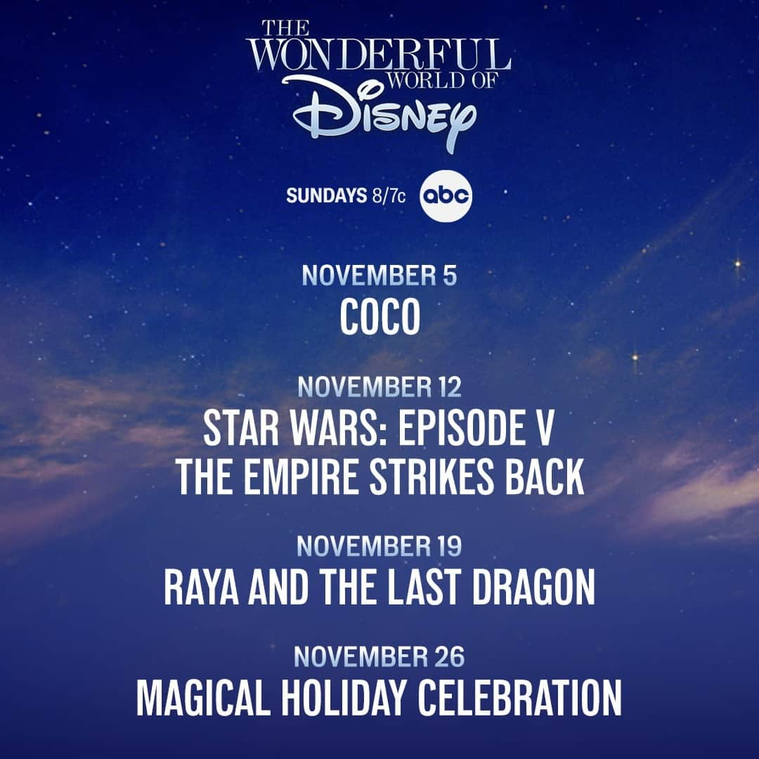 アメリカン・ブロードキャスティング・カンパニーのインスタグラム：「The spooky fun may be over but we've got a magical line up this month! Don't miss your favorite movies on the #WonderfulWorldOfDisney Sundays at 8/7c on ABC!」