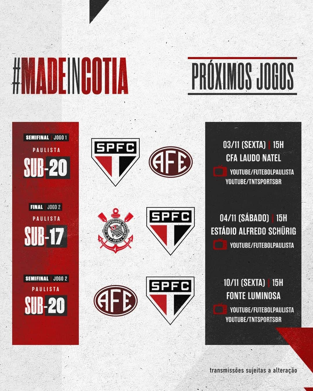 São Paulo FCさんのインスタグラム写真 - (São Paulo FCInstagram)「Próximos jogos da base:   🆚 Ferroviária 🏆 Paulista Sub-20 👉 Semifinal - jogo 1 🗓️ 03/11 (sexta-feira) | 15h 📍 Cotia  🆚 Corinthians 🏆 Paulista Sub-17  👉 Final - jogo 2 🗓️ 04/11 (sábado) | 15h 📍 São Paulo ➡️ Torcida única do Corinthians  🆚 Ferroviária 🏆 Paulista Sub-20  👉 Semifinal - jogo 2 🗓️ 10/11 (sexta-feira) | 15h 📍 Araraquara  #MadeInCotia #VamosSãoPaulo 🇾🇪」11月1日 6時30分 - saopaulofc