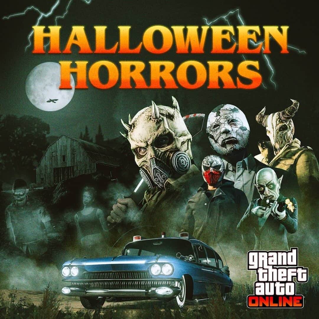 ロックスター・ゲームズのインスタグラム：「Play GTA Online to get the White Vintage Skull Mask and the Halloween Parachute Bag.  Plus, creep out motorists on the Del Perro Freeway with returning Halloween vehicles like the Fränken Stange, Sanctus, Lurcher, and more.  Visit the link in our bio to learn more at the Rockstar Newswire.」