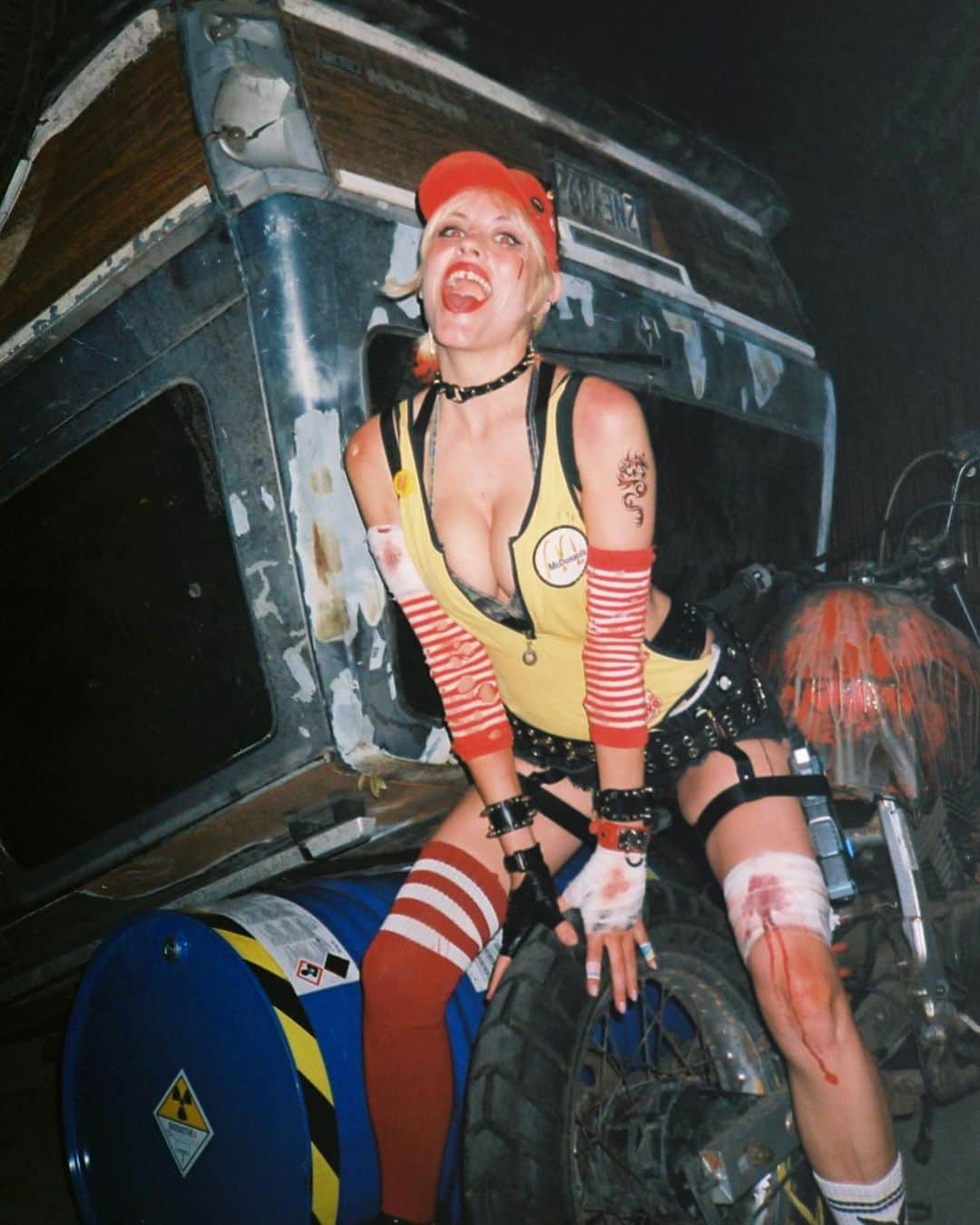 Ashley Smithのインスタグラム：「☢️🍟⚠️ what a sick weekend, @dm_trashworld had their DJ set debut at the apocalypse and then played their 2nd show at the hardcore goth prom. I was proud of my Tank girl X Mcdonalds costume too. I think I’ll sleep until next Halloween now 😴Thanks @patrickliam and @miriam_marlene for the sick pics」