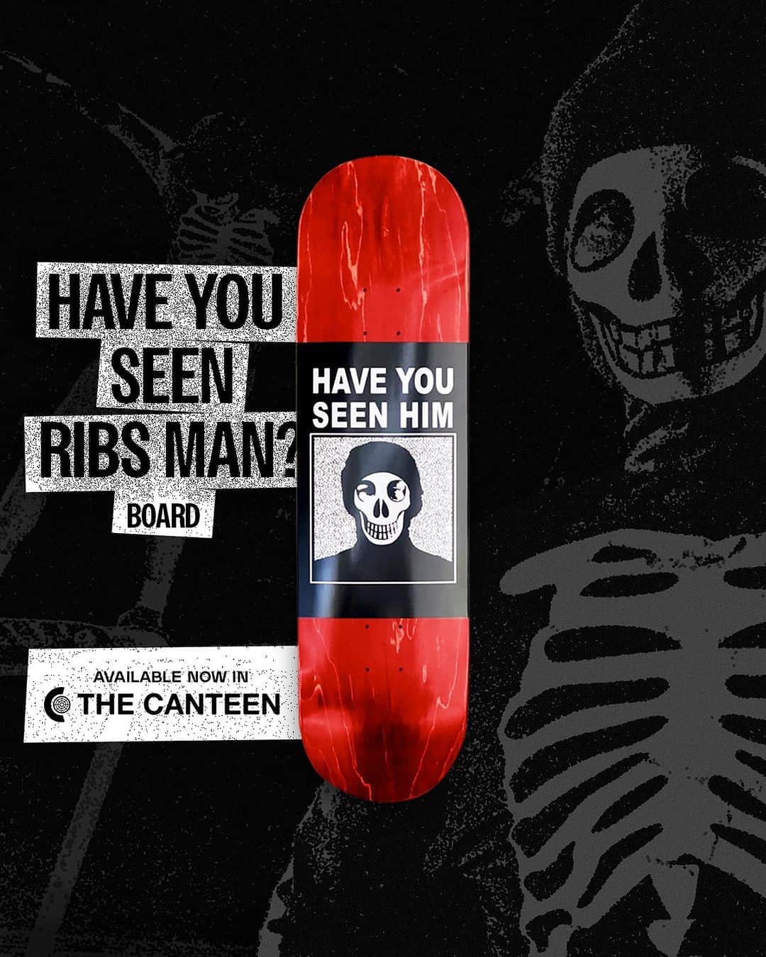 のインスタグラム：「"Have You Seen Him?" Ribs Man Boards are now available in The Canteen for your holiday treat. Happy Halloween! #berrics #skateboardingisfun #berricscanteen」