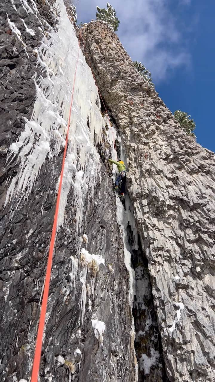 コンラッド・アンカーのインスタグラム：「First day out.  29 October '23. "Thrill is Gone", Hyalite MT. Sweet chimney to a relaxed flow with traditional protection. First ascent by Jack Tackle. The essential part of the Unnamed Trifecta - Come and Get It and Black Magic the fellow 3 star mixed routes.The 72 hour storm and cold snap delivers!  Wonderful climbing with @petetapley and @mt_apple, catching up with people on the trail and the @montanaalpineguides family - Sam & Genevieve Magro and the three wee ones.  Two topple over trees with the handy @silky_saws made for good trail fun. @thenorthface @yeti @smartwool @petzl_official  Photographs & video courtesy of Pete and Josh. @iceclimbing ❄️🫶🏼」