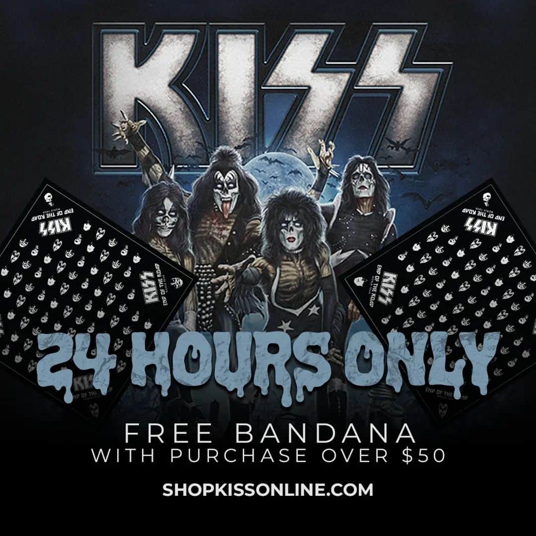 KISSのインスタグラム：「It’s Halloween! Receive a free bandana when you spend $50+ in the KISS official store! While supplies last. Must add bandana to cart for offer to apply.  ENDS: Nov 1 @ 9am PT/12pm ET  kiss.lnk.to/halloween」