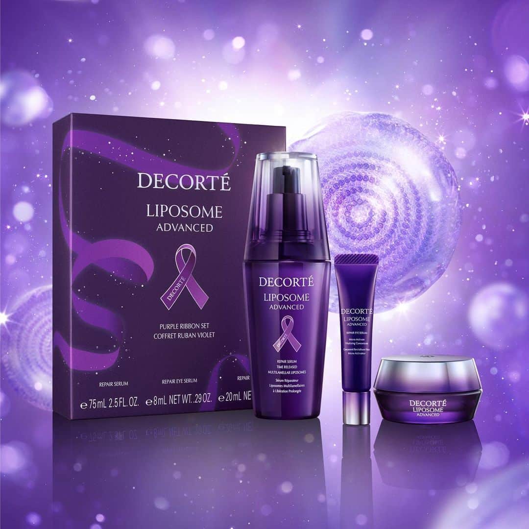 DECORTÉのインスタグラム：「DECORTÉ is releasing a limited edition “Liposome Advanced Purple Ribbon Set” again this year.   Aiming to create a society where everyone can live in peace, we will donate a portion of our sales to the NPO ""All Japan Women's Shelter Network"" to support shelter operations and activities.  今年も、コスメデコルテは、限定セット「リポソーム アドバンスト パープルリボン セット」を発売。  すべての方が安心して暮らせる社会を目指し、売上の一部をNPO法人「全国女性シェルターネット」に寄付し、シェルターの運営維持や活動を支援していきます。  11月1日発売　限定品 リポソーム アドバンスト パープルリボン セット 2023 ※数に限りがございますので、品切れの際はご容赦ください。  #decorte #コスメデコルテ #purpleribbonproject #パープルリボンプロジェクト#リポソームアドバンストリペアセラム #リポソーム #リポソーム美容液」