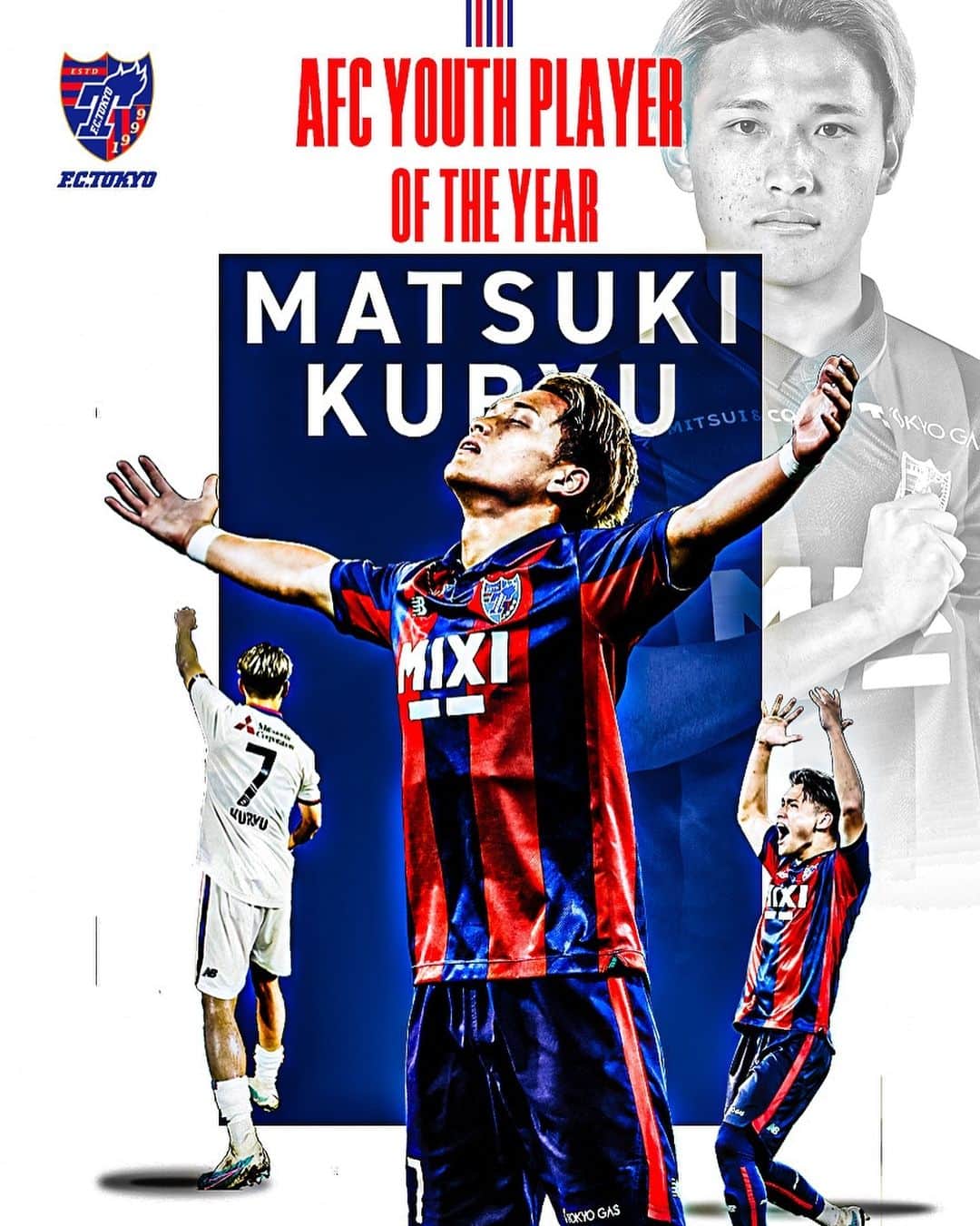 FC東京オフィシャルグッズのインスタグラム：「🏆 ／ 🔵AFC年間最優秀ユース選手賞(男子) 受賞!!🔴 ＼ #AFCAwards2022   #松木玖生 選手が、AFC年間最優秀ユース選手賞(男子)を受賞しました!!👏👏🏆🔵🔴🎊  松木選手 コメント 『4年ぶりの開催で、この様な素晴らしい賞を受賞できたことを大変嬉しく思います。 またこの賞をFC東京で受賞できたことを誇りに思います。 これからはこのこの賞に恥じぬよう、責任感を持ってプレーしていきたいと思います。 ファン・サポーターのみなさん、これからも応援よろしくお願いします』  玖生、おめでとうございます!!👏👏😆🔵🔴🏆 @kuryu.matsuki27  @fctokyoofficial  #FC東京 #fctokyo #tokyo」